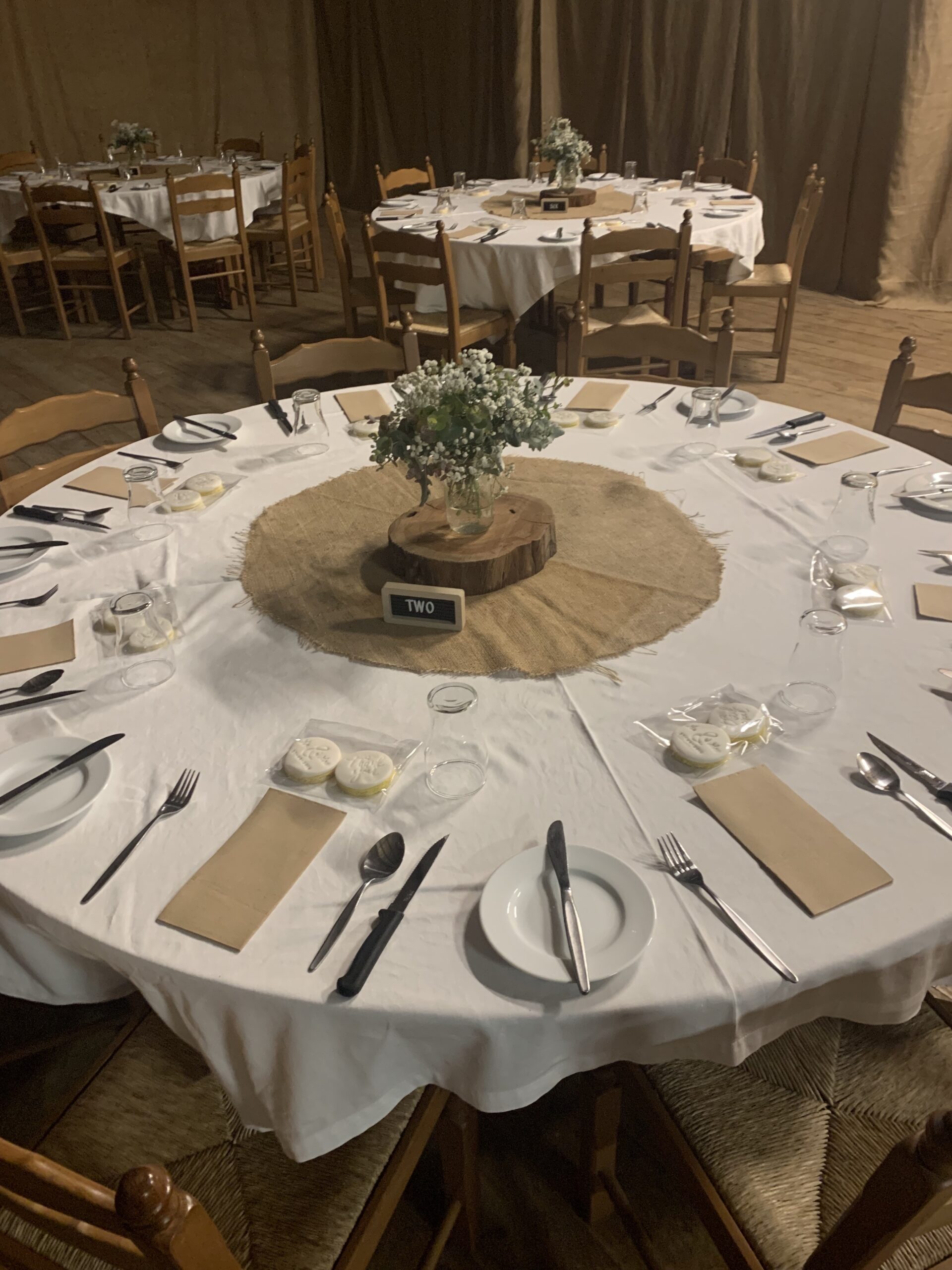 Round table set with hessian and timber